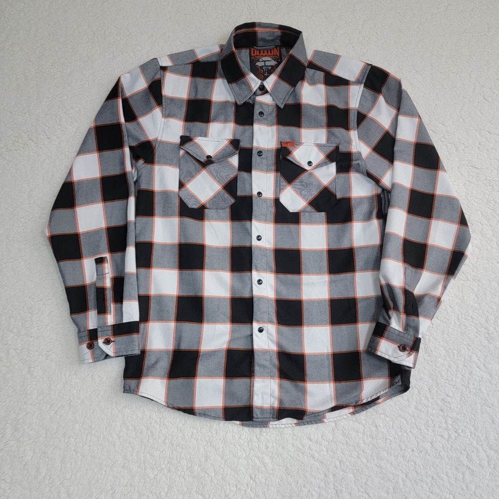 Dixxon Men's Medium Flannel Fat Daddy Quanitco Plaid Black White Orange